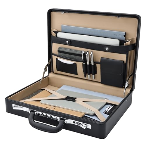 Briefcases for Men Carrying Case Document Attache Case for 16 Inch Laptop Waterproof Faux Leather Multi File Organizer with Anti-Theft Lock Professional Business Case for Work Office Travel, Black - color: Black