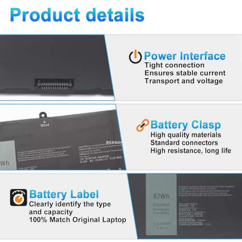 DWVRR 87Wh Laptop Battery Replacement for Dell Alienware x17 R1 R2 Alienware x15 R1 R2 Inspiron 16 7620 2-in-1 Series Notebook 0017GN 0NR6MH 817GN Battery 7250mAh 6-Cell - size: 12.83*3.47*0.28inch DWVRR