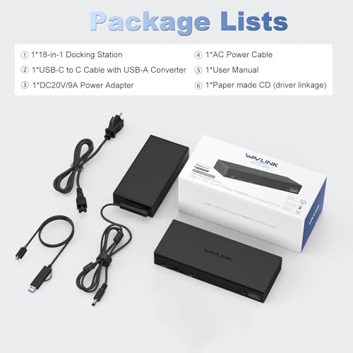 WAVLINK DisplayLink Laptop Docking Station Quad Monitor 4K@60Hz for MacBook | 100W PD Charging for Laptop with Thunderbolt 5/4/3, USB-C/A - M1-M5 Mac/Neo/Windows- 4 HDMI, 4 DP, SD 4.0, 2.5Gbps LAN - color: Black