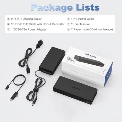 WAVLINK DisplayLink Laptop Docking Station Quad Monitor 4K@60Hz for MacBook | 100W PD Charging for Laptop with Thunderbolt 5/4/3, USB-C/A - M1-M5 Mac/Neo/Windows- 4 HDMI, 4 DP, SD 4.0, 2.5Gbps LAN - color: Black