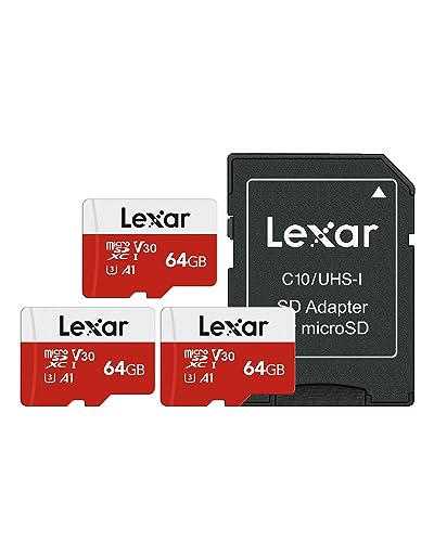 Lexar E-Series 64GB Micro SD Card 3 Pack, microSDXC UHS-I Flash Memory Card with Adapter, 100MB/s, C10, U3, A1, V30, Full HD, 4K UHD, High Speed TF Card - color: 64GB x3
