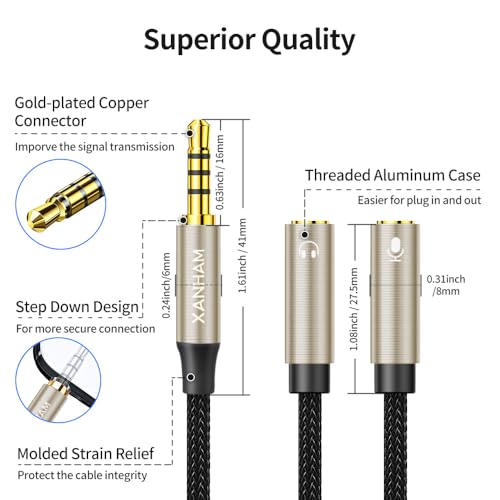 3.5mm Headphone Splitter Y Shape 1/8 Inch 2 TRS Female to 1 TRRS Male Mic and Audio 4 Pole Headset Stereo Adapter Cable Cord Compatible with Laptop, Smartphone, PC, Tablet, Gaming, etc