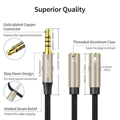 3.5mm Headphone Splitter Y Shape 1/8 Inch 2 TRS Female to 1 TRRS Male Mic and Audio 4 Pole Headset Stereo Adapter Cable Cord Compatible with Laptop, Smartphone, PC, Tablet, Gaming, etc