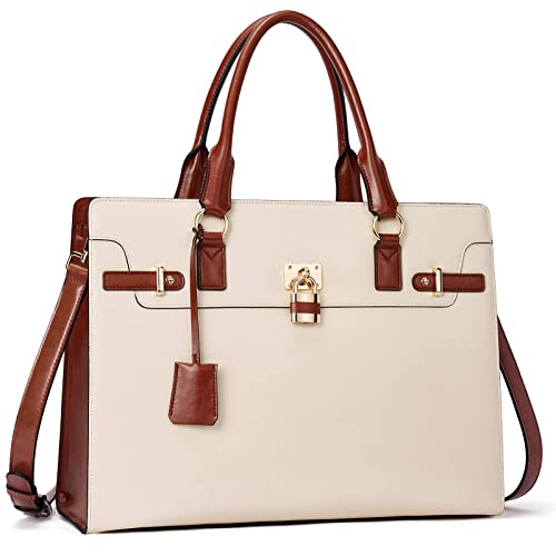 BOSTANTEN Briefcase for Women 15.6 inch Leather Laptop Bag Vintage Slim Lawyer Business Bag Stylish Work Purse - color: A-beige&brown