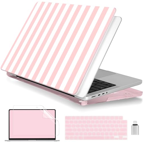 Batianda Case for MacBook Pro 14" 2026 2025-2021 Release, Pink Candy Stripe | 4-in-1 bundle with preppy design, 1.2mm lightweight slim hard shell protection for girls, students and aesthetic users - color: Pink Candy Stripe