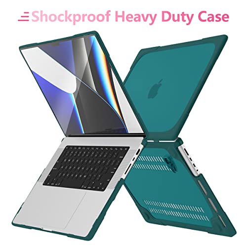 Batianda Heavy Duty Case for MacBook Pro 14 inch 2026-2021, Deep Teal | Fits M5/M4/M3/M2/M1 Pro Max Chip, Ergonomic Foldable Stand Holds 22 lbs, Shockproof Bumper, Matte Translucent Hard Shell - color: Deep Teal