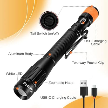 KunHe 480 Lumens Small LED Pen Flashlight Rechargeable IPX6 Waterproof 2 Light Modes Pocket zoomable Pen Flashlight with Steel Pocket Clip USB C Charging Work Light for Inspection Repair Emergency - size: 1 PACK