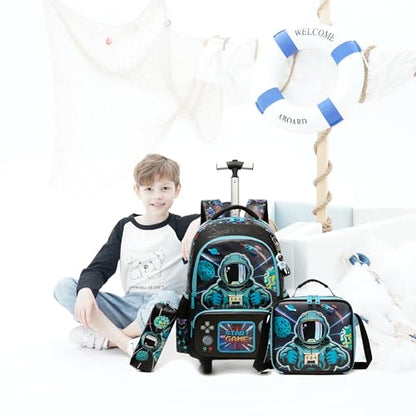 Meetbelify Kids Rolling Backpack with Wheels for Elementary Preschool Students Boys Travel Luggage Carry on Backpack for Boys Ages 6-8 Space - color: 02 Space