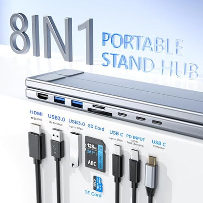Laptop iPad USB C Docking Station Stand,Aluminum Tablet Holder, 8 in 1 USB C Hub with 4K HDMI, PD 100W, 2 USB 3.0, SD/TF Reader, for MacBook/iPad/Dell/HP/Surface/Lenovo, Plug and Play