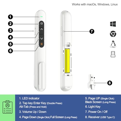 QUI Presentation Clicker with Volume Control, Wireless Presenter Remote | Plug & Play 2.4GHz USB Slide Advancer Compatible with Mac/Windows, Works with PowerPoint, Keynote, and Google Slides - color: White, size: L
