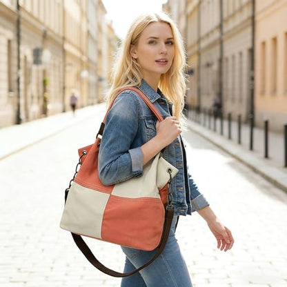 Women's Canvas Color Block Tote Bag Convertible Crossbody Hobo Handbag Lightweight Shoulder Bag for Daily Travel Work - color: Red