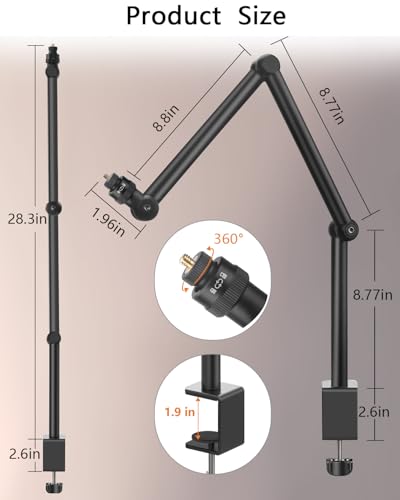 HEMMOTOP Magic Arm Desk Mount/Clamp, 28" | Overhead iPhone Mount, Adjustable Camera Arm for iPad, for Yeti Snowball Microphone, Light, Webcam, Action Camera AS05