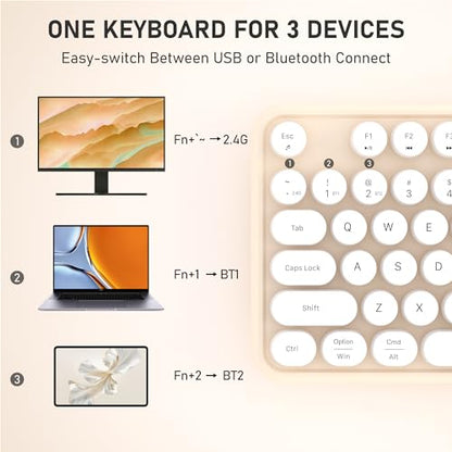 Colorful Wireless Bluetooth Keyboard (White Milk-Tea) | Connect Up to 3 Devices Simultaneously, 2.4GHz and Dual Mode Bluetooth Keyboard for PC, Laptop, Windows, Mac - color: White Milk-Tea