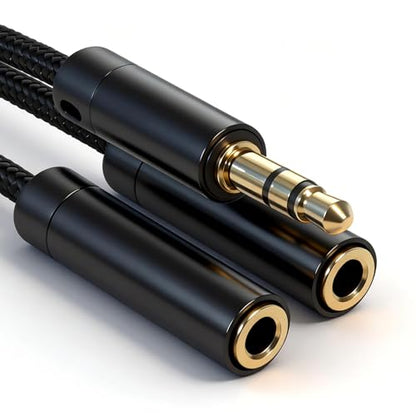3.5mm Headphone Splitter, 1 Male to 2 Female, 11 in, Black | 24K Gold-Plated Connectors, Oxygen-Free Copper, Nylon Braided, Audio Output Only, No Mic or Inline Controls