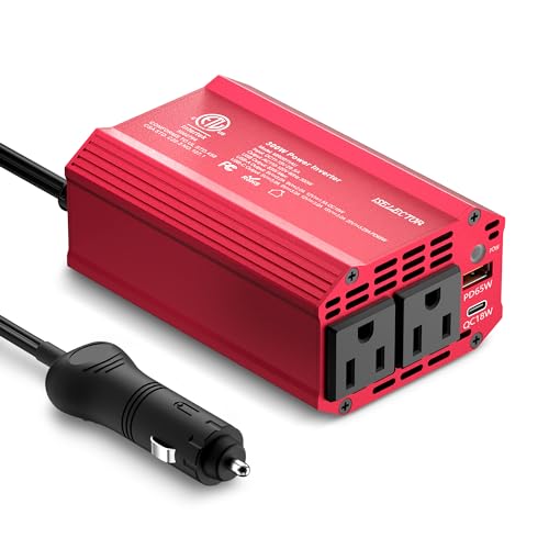 300W Power Inverter DC 12V to 110V AC Car Outlet Adapter with USB-C[PD65W] & USB-A[QC18W] Fast Charging Ports and Dual AC Outlets Car Power Inverter for Phone, Laptop on Road Trip (Red) (Red)