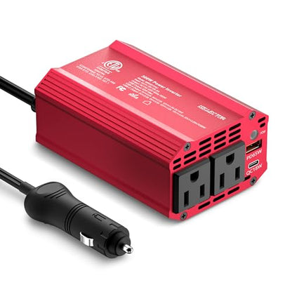 300W Power Inverter DC 12V to 110V AC Car Outlet Adapter with USB-C[PD65W] & USB-A[QC18W] Fast Charging Ports and Dual AC Outlets Car Power Inverter for Phone, Laptop on Road Trip (Red) (Red)