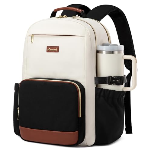 LOVEVOOK Laptop Backpack for Women with Pouch Pocket for Large Capacity Cup,18 Inch Laptop Computer Bag Travel Backpack Purse,Waterproof Work Business Backpack College Teacher Bags,Beige-Black-Brown - color: Beige - Black - Chestnut Brown, size: 18 Inch