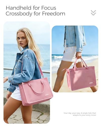 Canvas Tote Bag for Women With Zipper,14" Laptop Tote Bag for Work | Water Bottle Pocket,Padded Laptop Sleeve,Inner Key Leash,Premium Metal Hardware,Structured Canvas - color: Petal Pink