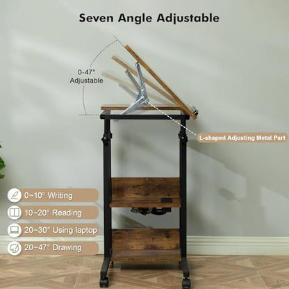 Hadulcet Adjustable C Table with Charging Station, Tiltable Desk C Shaped End Table for Couch, Over Bed Table with Wheels Adjustable Height, Hospital Table Laptop Stand Drawing Desk, Rustic Brown - color: Romantic Brown, style: Upgrade