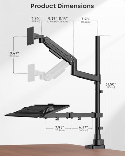 PUTORSEN Heavy-Duty Monitor Arm with Keyboard Tray, Sit-Stand Desk Mount for Up to 49" Screens, 32" Extended Reach Full-Motion Articulating Arm with Pneumatic Spring, C-Clamp & Grommet Mount (Black) - size: 49 Inch