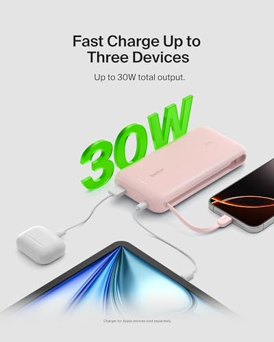 Belkin 20000mAh 30W USB C Power Bank, Portable Charger for iPhone & iPad | Fast Charging, Integrated USB C Cable, Eatra USB C Port, iPhone 17, iPad, Samsung Galaxy S26, Charge 2 Devices - color: Pink, style: 20K mAh