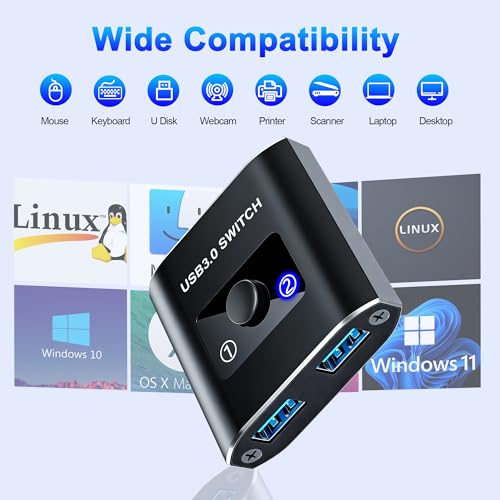 USB 3.0 Switch, Bi-Directional USB Switch 1 in 2 Out/ 2 in 1 Out, Aluminum USB Switcher 2 Computers Share USB Devices for Printer, Keyboard, Scanner, Mouse - Compatible with Mac/Win/Linux
