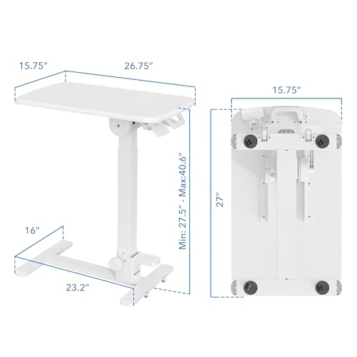 Mount-It! Overbed Table with Wheels, Folding Adjustable Height White | Foldable Bedside Tray Table on Wheels, No-Assembly Over Bed Laptop Desk, Folds Flat for Storage, Ultra-Low Base - color: White