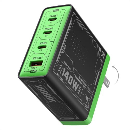 Mfish E-Rhino 140W USB-C Charger, True PD 3.1 GaN Fast Charger, 4-Port (3 USB-C + 1 USB-A) Foldable Plug Power Adapter for MacBook Pro 16”, iPhone 17/16, iPad, Galaxy, Tablet, Laptop Black - color: 140W-Black