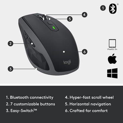 Logitech MX Anywhere 2S Bluetooth Edition Compact Wireless Mouse, No USB Receiver - Use On Any Surface, Hyper-Fast Scrolling, Rechargeable, Control Up to 3 Apple Mac and Windows Computers and Laptops - color: Graphite, style: Micro USB Charge