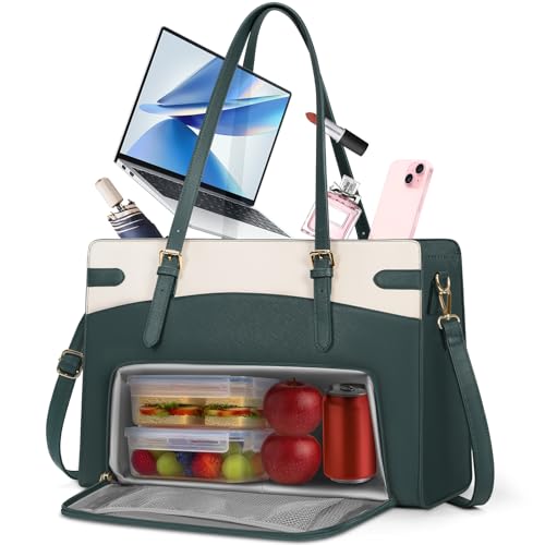 RAINSMORE 2-in-1 Laptop Bag with Insulated Lunch Compartment for Women 15.6 Inch PU Leather Work Tote for Teachers Nurses, Professional Water-Resistant Business Briefcase for Office & Travel - color: Green