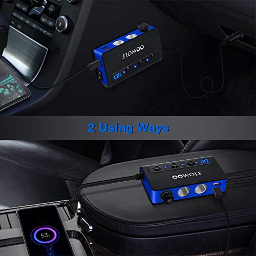 OOWOLF 7 in 1 180W Quick Charge 3.0 Cigarette Lighter Adapter, with Cigarette Lighter Function, for 12V-24V Car, 3-Socket Splitter, 4 USB Ports Car Power Adapter for GPS, Dash Cam, Phone, Tablet etc - color: BLACK-BLUE