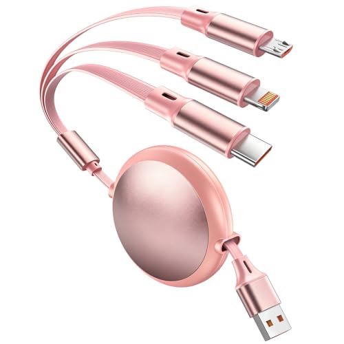 Retractable Multi Charging Cable, 3 in 1 Multiple Charger Cord, Retractable Car Charger Cord USB Cable with Type C/L/Micro USB Ports for Cell Phones/Galaxy/PS/Tablets, Car Accessories for Women - color: Pink
