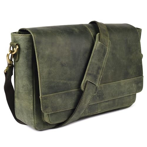 LEATHER VILLAGE Vintage Leather Messenger Bag–15.5" Handmade Satchel for Men & Women– Shoulder Bag Office, Travel & Daily Use - color: Olive