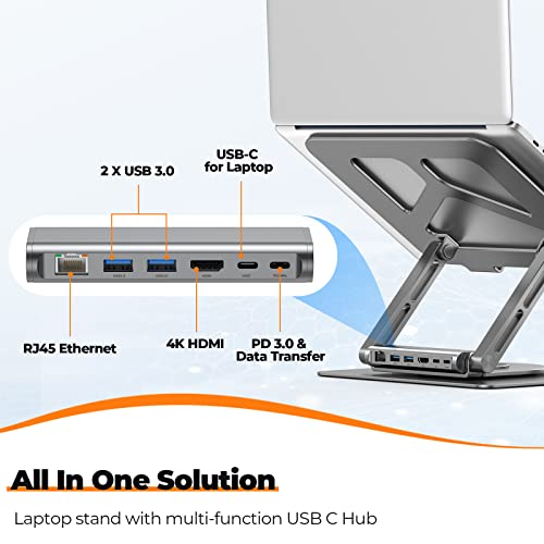 Tobenone Laptop Docking Station Stand for MacBook Pro/Air/Dell/HP/Surface/Lenovo, Mac Docking Station with 4K HDMI, USB 3.0, RJ45, PD 3.0, USB C Laptop Stand Hub for Desk with 360 Rotating Base Grey