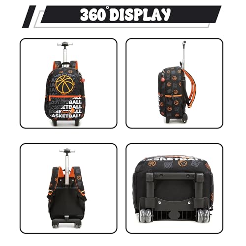 Kids Rolling Backpack for Boys 16.5" School Roller Backpack with Lunch Box, Toddler Backpacks with Wheels Rollig Wheeled Backpacks for Elementary School - color: Black Basketball
