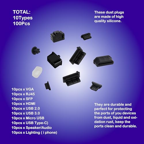 Silicone Universal Anti Dust Cover Plug Kit Stopper Cap for USB C/A Micro USB Lightning Ethernet RJ45 HDMI DP SFP Computer PC Laptops Phones Audio Devices Electronics Black 10Sizes 100Pcs - size: 10Sizes