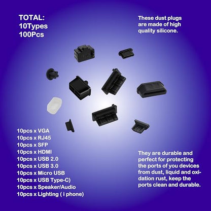 Silicone Universal Anti Dust Cover Plug Kit Stopper Cap for USB C/A Micro USB Lightning Ethernet RJ45 HDMI DP SFP Computer PC Laptops Phones Audio Devices Electronics Black 10Sizes 100Pcs - size: 10Sizes
