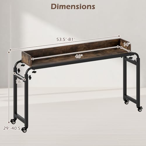 Tangkula Overbed Table with Wheels, Queen Size Mobile Bed Desk with Adjustable Height & Length, Rolling Computer Desk with Metal Frame, Laptop Cart for Bedroom, Living Room, Hospital (Rustic Brown)