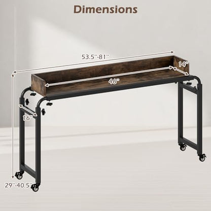 Tangkula Overbed Table with Wheels, Queen Size Mobile Bed Desk with Adjustable Height & Length, Rolling Computer Desk with Metal Frame, Laptop Cart for Bedroom, Living Room, Hospital (Rustic Brown)