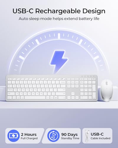 seenda Rechargeable Wireless Keyboard and Mouse Combo, Silver and White | Quiet, slim full-size keyboard with numpad, 2.4GHz USB receiver, USB-C charging, 3-level DPI mouse for Windows PCs/laptops - color: White and Silver