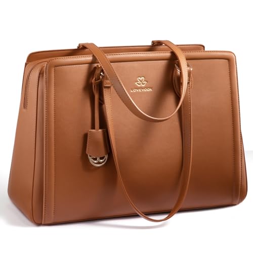 LOVEVOOK Laptop Bag for Women, Large Capacity Leather Computer Tote Bag, Waterproof Work Bags, Great Office Gifts for Women - color: Brown, size: 17.3 Inch