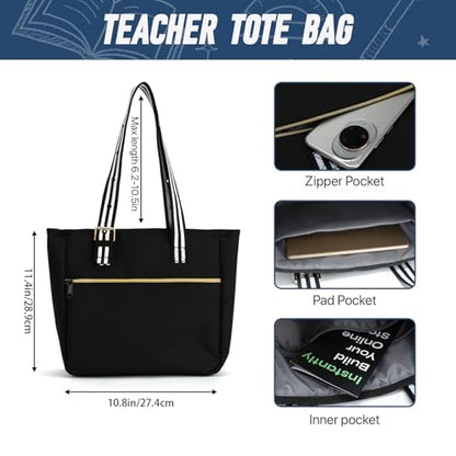 RUCYEN Rolling Teacher Tote Bag for Women Men,Large Laptop Bag With Detachable Wheels Trolley,15.6 Inch Laptop Wheeled Teacher Bag for Work Office Nursing(With a Tote Bag) - color: Golden Black+1 tote bag