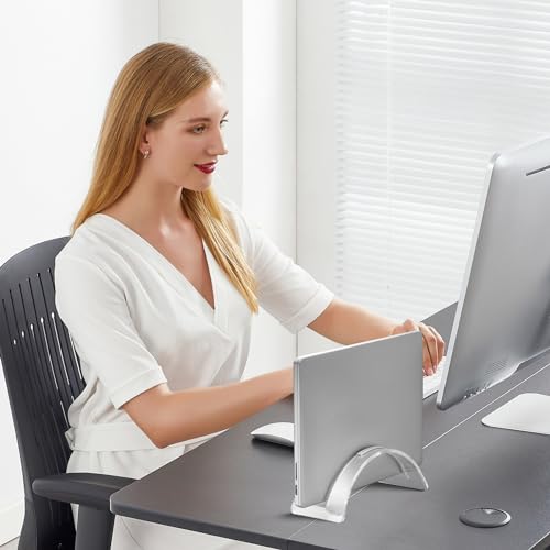 Acrylic Vertical Laptop Stand, Sleek Transparent Desktop Notebook Dock, Space-Saving Docking Stand for MacBook, Surface, HP, Dell and More