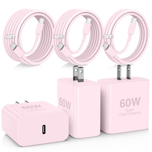 60W USB C Quick Wall Charger Block for Galaxy S26 Android Phones, 3Pack Super Fast Charger Adapter with Bulk 3/6/10FT Long USB C Charging Cable Cords for Samsung Galaxy S26+/S25/S24/S23 Ultra - color: Pink, size: 60w(3+6+10)ft