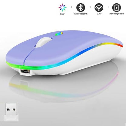LED Wireless Mouse, Slim Silent Dual-Mode 2.4G+BT Rechargable 7-Color Portable Mobile Optical Office Mouse with USB Receiver, 3 Adjustable DPI Levels for Notebook, PC, Computer, MacBook (Purple) - color: Purple