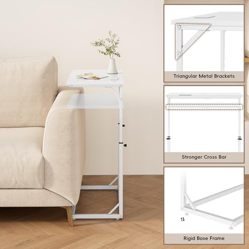 C Shaped End Table with Charging Station, C-Table End Table Adjustable Height Side Table for Couch, Large Couch Table, Slide Under Sofa Table TV Tray Arm Table for Living Room, Bedroom, White - color: White, style: With Plug
