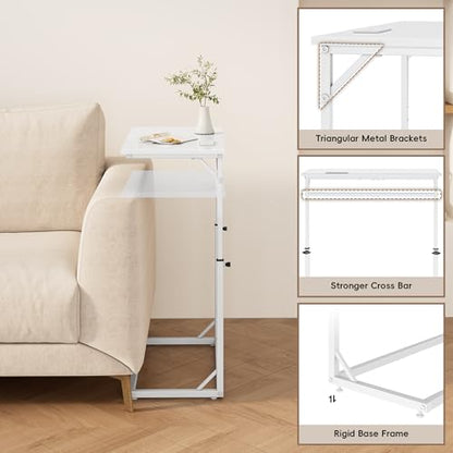 C Shaped End Table with Charging Station, C-Table End Table Adjustable Height Side Table for Couch, Large Couch Table, Slide Under Sofa Table TV Tray Arm Table for Living Room, Bedroom, White - color: White, style: With Plug