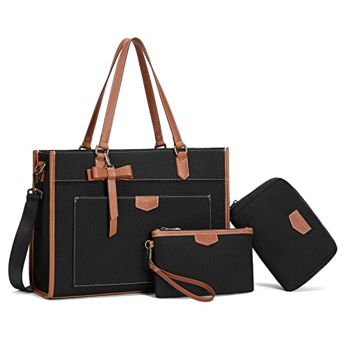 Keyli 3pcs Laptop Bag for Women,15.6 Inch Canvas Tote Bag Work Bags Large Business Computer Briefcase Shoulder Handbag Purse - color: Black_3pcs