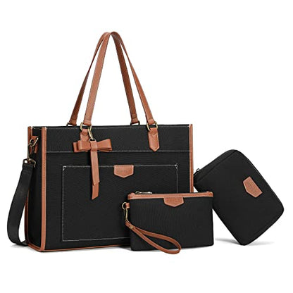 Keyli 3pcs Laptop Bag for Women,15.6 Inch Canvas Tote Bag Work Bags Large Business Computer Briefcase Shoulder Handbag Purse - color: Black_3pcs