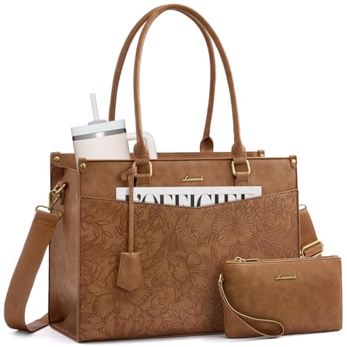 LOVEVOOK Laptop Bag for Women, 2-in-1 Tote Purse with Clutch & Cup Holder, Waterproof Briefcase for Work Travel - color: Brown, size: 17.3 inch
